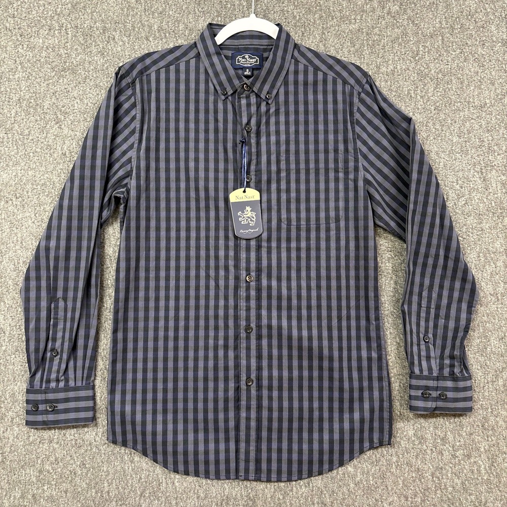 Nat Nast Shirt Mens Small Blue Black Checked Long Sleeve Button Down AE141
